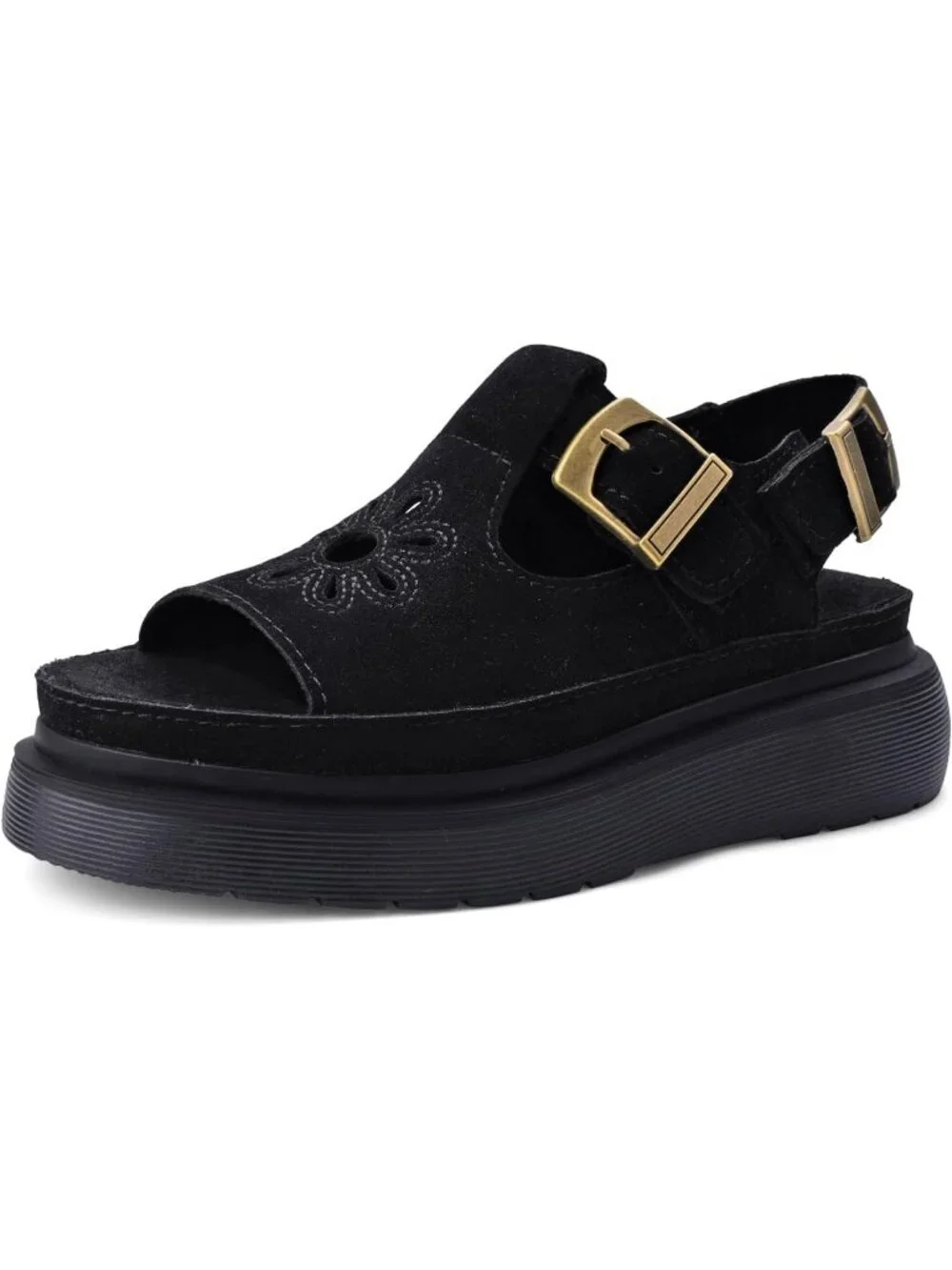 Women's Black Suede Open Toe Flower Decoration Fisherman Platform Sandal Shoes
